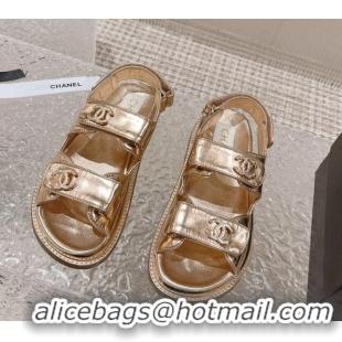 Perfect Chanel Metallic Leather Strap Flat Sandals Gold 108049