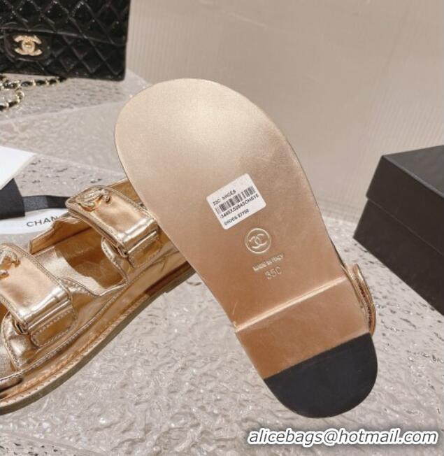 Perfect Chanel Metallic Leather Strap Flat Sandals Gold 108049