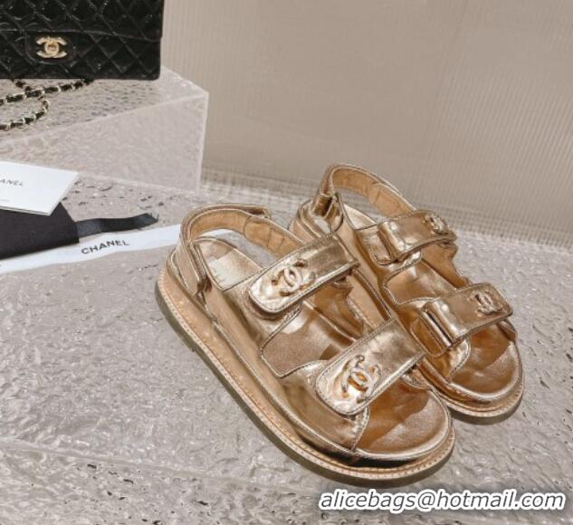 Perfect Chanel Metallic Leather Strap Flat Sandals Gold 108049