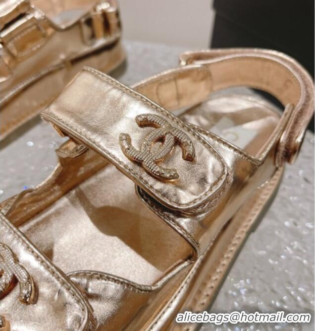 Perfect Chanel Metallic Leather Strap Flat Sandals Gold 108049