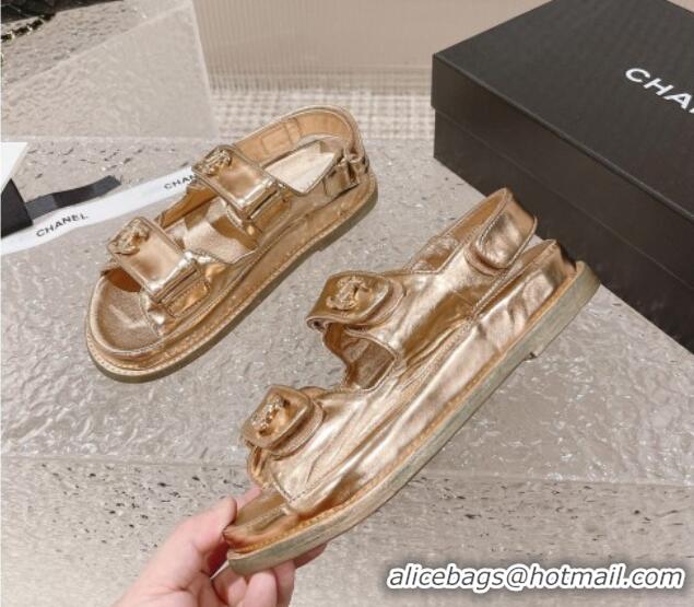 Perfect Chanel Metallic Leather Strap Flat Sandals Gold 108049