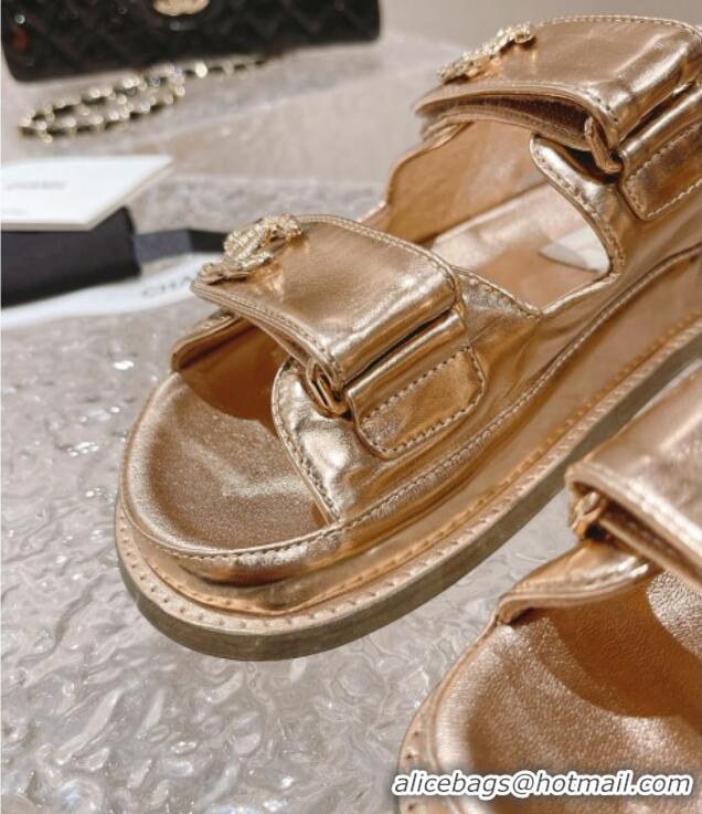 Perfect Chanel Metallic Leather Strap Flat Sandals Gold 108049