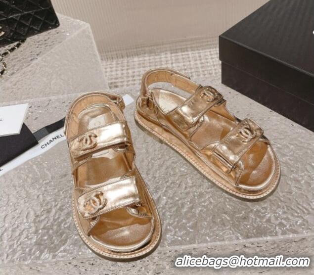 Perfect Chanel Metallic Leather Strap Flat Sandals Gold 108049