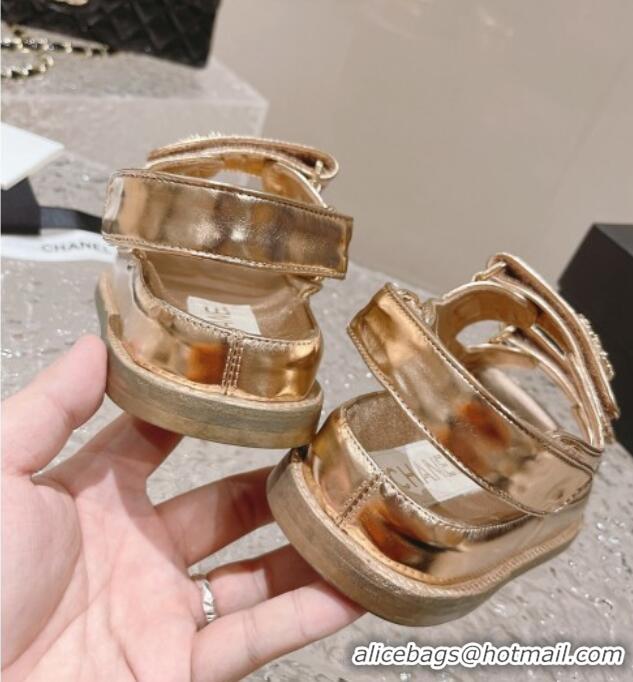 Perfect Chanel Metallic Leather Strap Flat Sandals Gold 108049