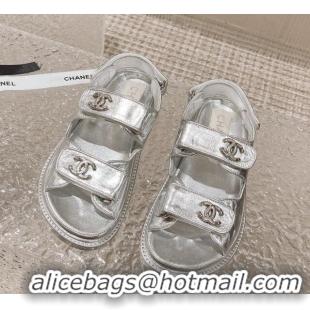 Charming Chanel Metallic Leather Strap Flat Sandals Silver 108048