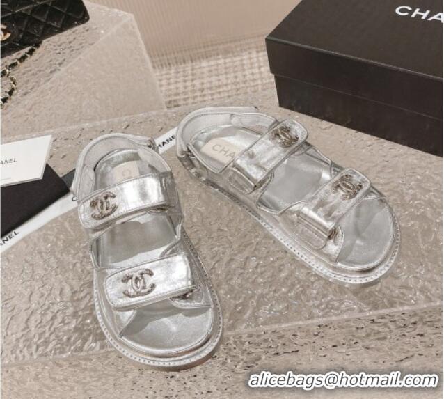 Charming Chanel Metallic Leather Strap Flat Sandals Silver 108048