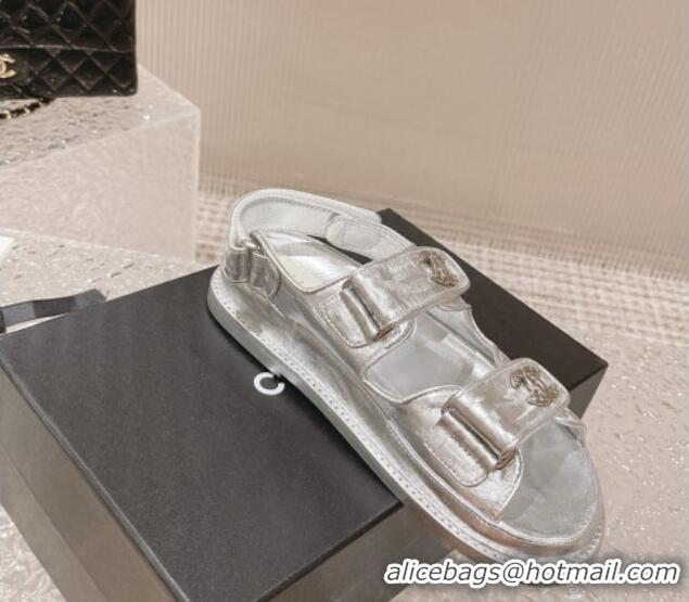 Charming Chanel Metallic Leather Strap Flat Sandals Silver 108048