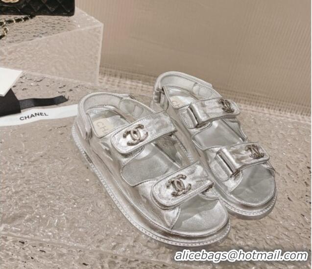 Charming Chanel Metallic Leather Strap Flat Sandals Silver 108048