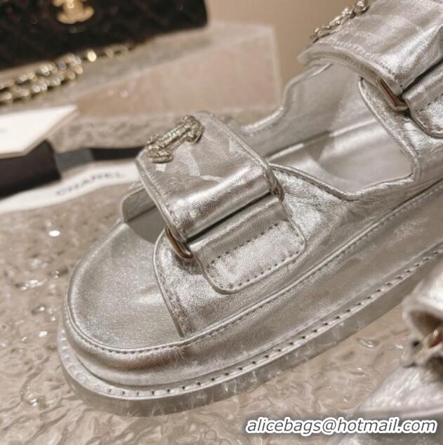 Charming Chanel Metallic Leather Strap Flat Sandals Silver 108048