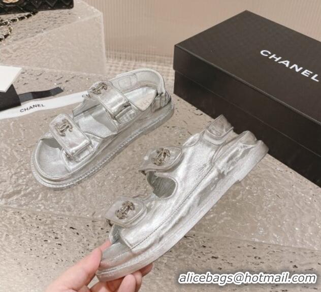 Charming Chanel Metallic Leather Strap Flat Sandals Silver 108048