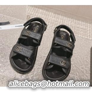 Classic Hot Chanel Stone Embossed Leather Strap Flat Sandals Black 108051