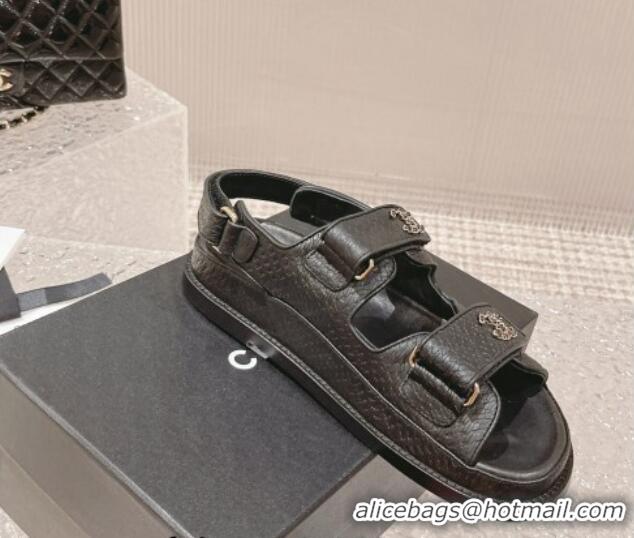 Classic Hot Chanel Stone Embossed Leather Strap Flat Sandals Black 108051