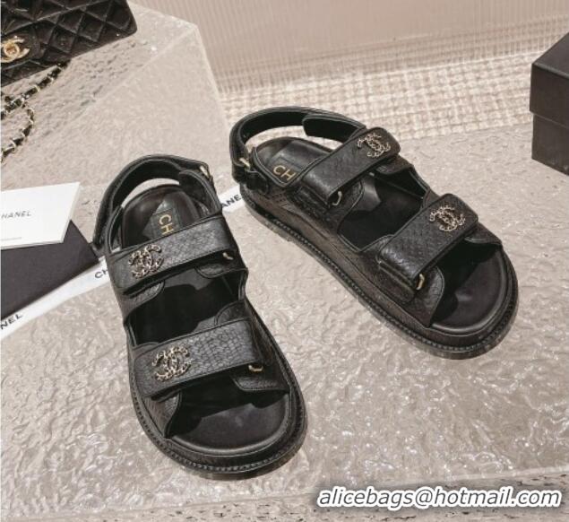 Classic Hot Chanel Stone Embossed Leather Strap Flat Sandals Black 108051