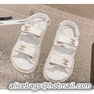 Duplicate Chanel Stone Embossed Leather Strap Flat Sandals White 108050