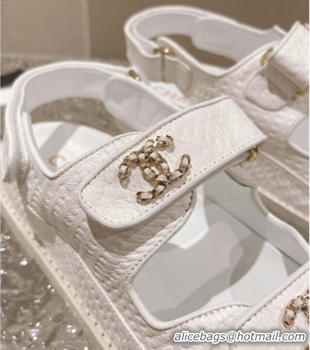 Duplicate Chanel Stone Embossed Leather Strap Flat Sandals White 108050