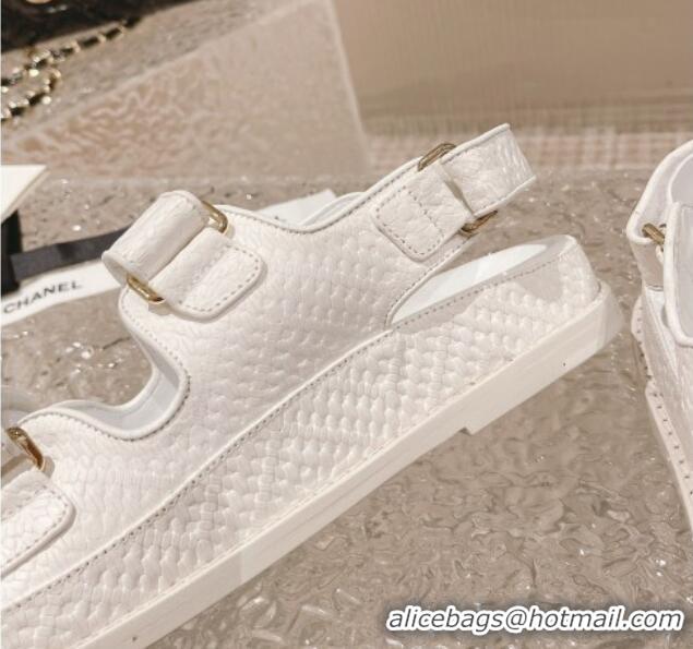 Duplicate Chanel Stone Embossed Leather Strap Flat Sandals White 108050