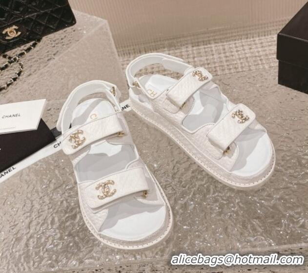 Duplicate Chanel Stone Embossed Leather Strap Flat Sandals White 108050