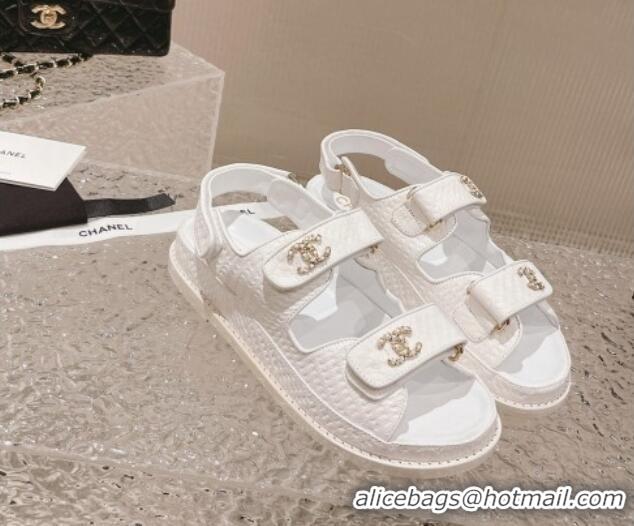 Duplicate Chanel Stone Embossed Leather Strap Flat Sandals White 108050