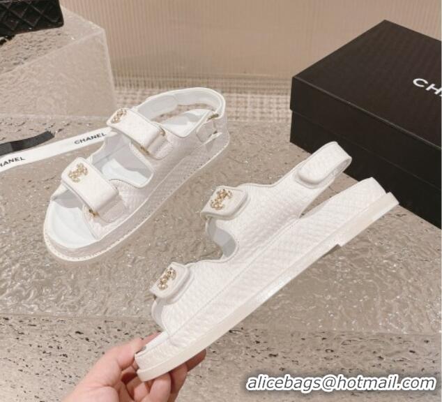 Duplicate Chanel Stone Embossed Leather Strap Flat Sandals White 108050