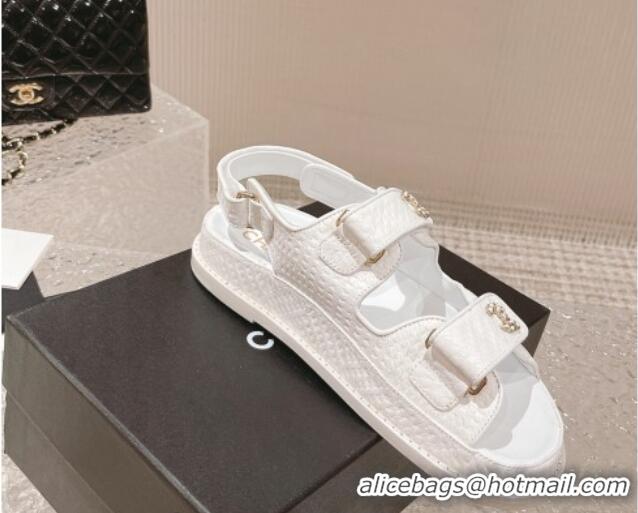 Duplicate Chanel Stone Embossed Leather Strap Flat Sandals White 108050