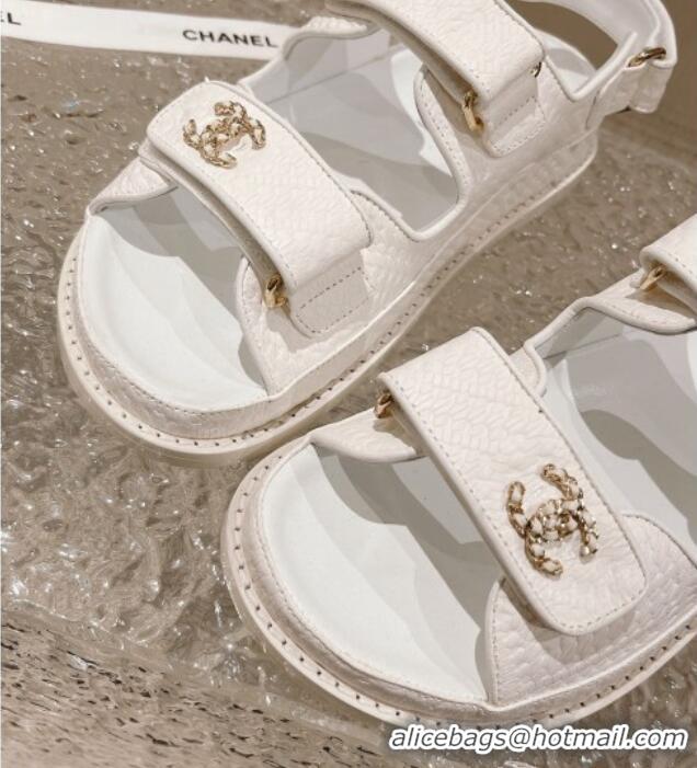 Duplicate Chanel Stone Embossed Leather Strap Flat Sandals White 108050