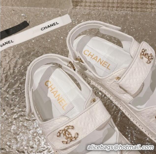 Duplicate Chanel Stone Embossed Leather Strap Flat Sandals White 108050