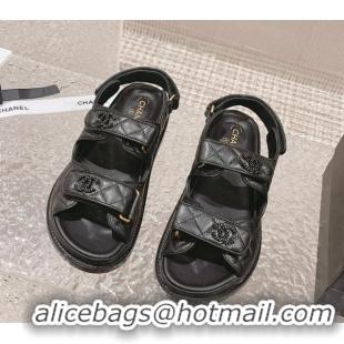 Sophisticated Chanel Grained Calfskin Strap Flat Sandals with Chain CC All Black 108052