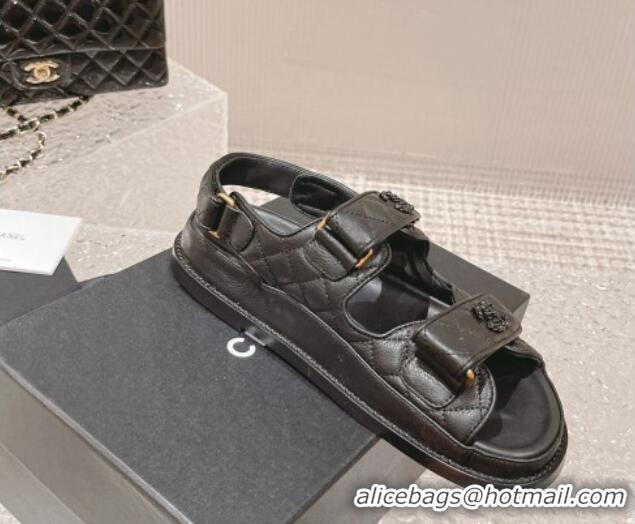 Sophisticated Chanel Grained Calfskin Strap Flat Sandals with Chain CC All Black 108052