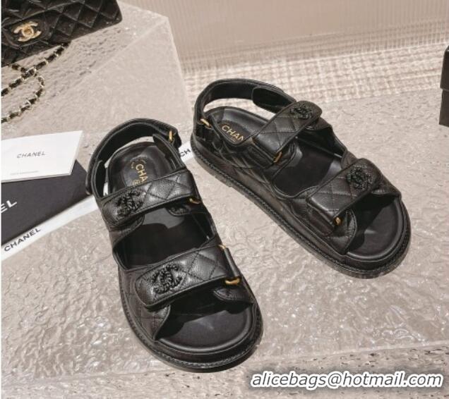 Sophisticated Chanel Grained Calfskin Strap Flat Sandals with Chain CC All Black 108052