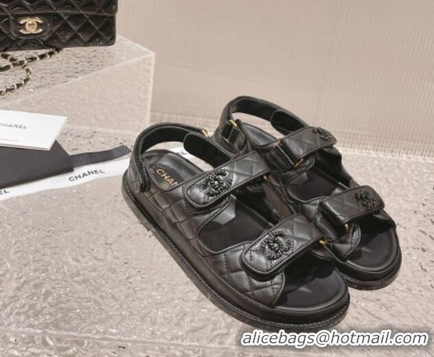 Sophisticated Chanel Grained Calfskin Strap Flat Sandals with Chain CC All Black 108052