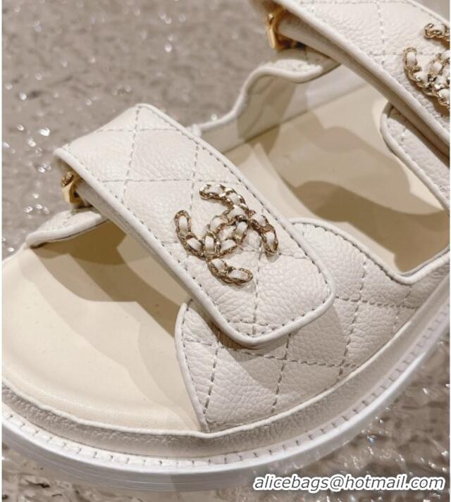 Sumptuous Chanel Grained Calfskin Strap Flat Sandals with Chain CC White 0108053