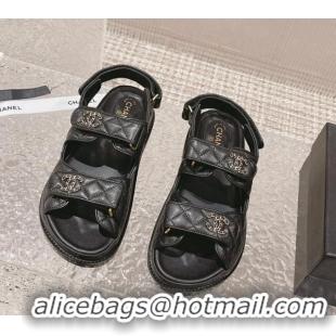 Stylish Chanel Grained Calfskin Strap Flat Sandals with Chain CC Black/Gold 108054