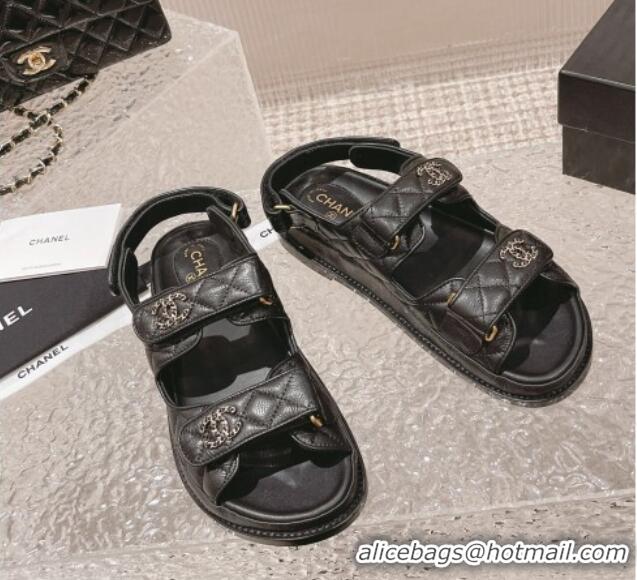 Stylish Chanel Grained Calfskin Strap Flat Sandals with Chain CC Black/Gold 108054