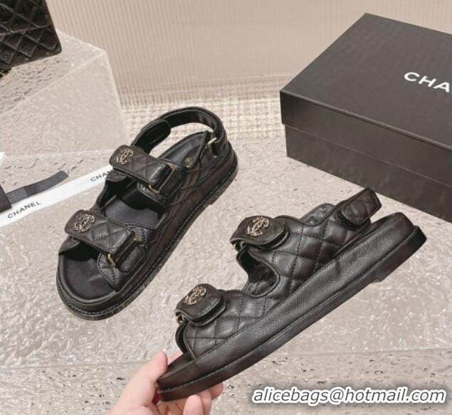 Stylish Chanel Grained Calfskin Strap Flat Sandals with Chain CC Black/Gold 108054