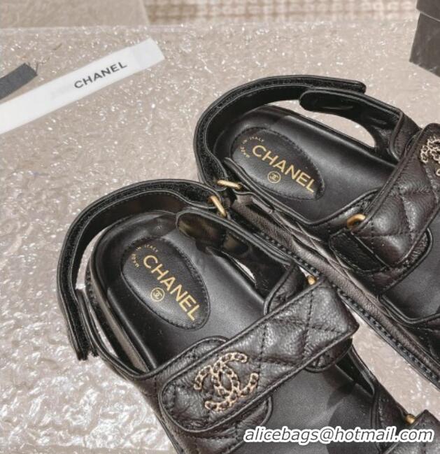 Stylish Chanel Grained Calfskin Strap Flat Sandals with Chain CC Black/Gold 108054