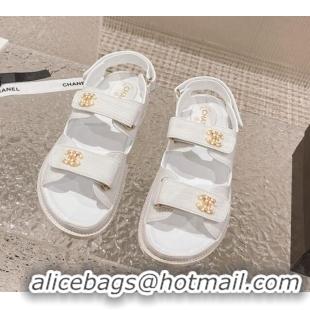 Stylish Chanel Knitwear Strap Flat Sandals with Pearls CC G35927 White 108055