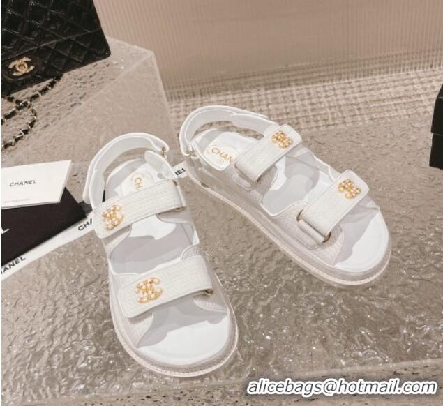 Stylish Chanel Knitwear Strap Flat Sandals with Pearls CC G35927 White 108055