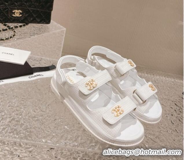 Stylish Chanel Knitwear Strap Flat Sandals with Pearls CC G35927 White 108055