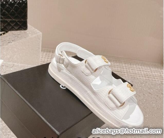 Stylish Chanel Knitwear Strap Flat Sandals with Pearls CC G35927 White 108055