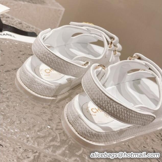 Stylish Chanel Knitwear Strap Flat Sandals with Pearls CC G35927 White 108055