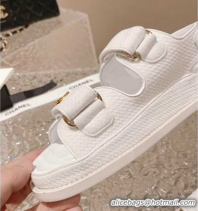 Stylish Chanel Knitwear Strap Flat Sandals with Pearls CC G35927 White 108055