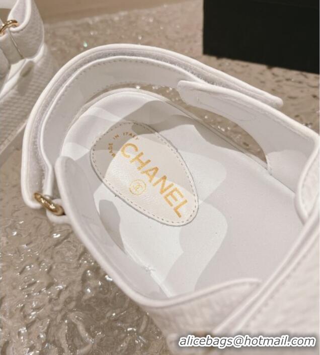 Stylish Chanel Knitwear Strap Flat Sandals with Pearls CC G35927 White 108055