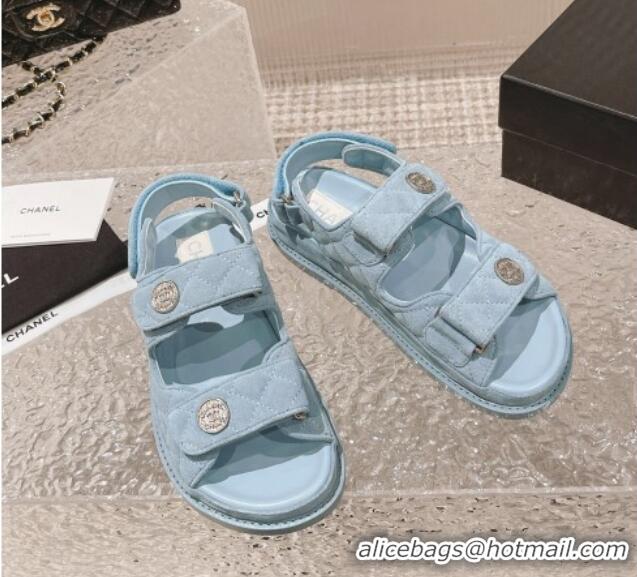 Grade Quality Chanel Suede Strap Flat Sandals Light Blue 108056