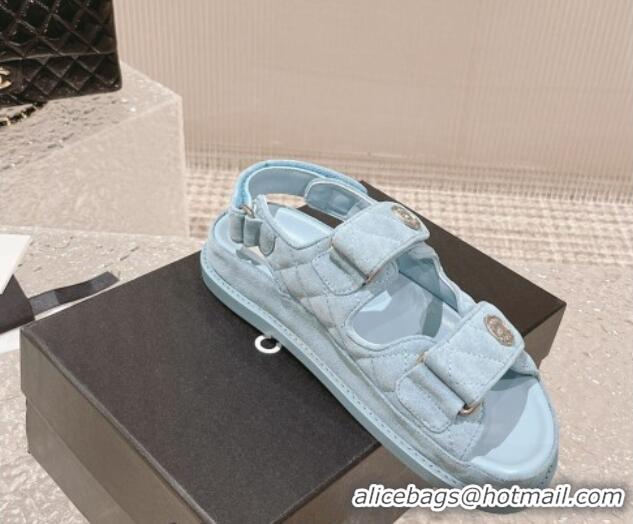 Grade Quality Chanel Suede Strap Flat Sandals Light Blue 108056