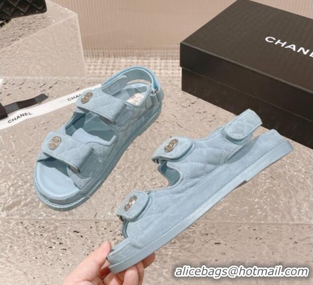 Grade Quality Chanel Suede Strap Flat Sandals Light Blue 108056