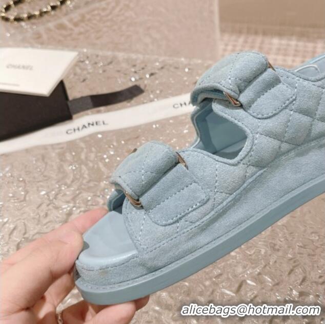 Grade Quality Chanel Suede Strap Flat Sandals Light Blue 108056