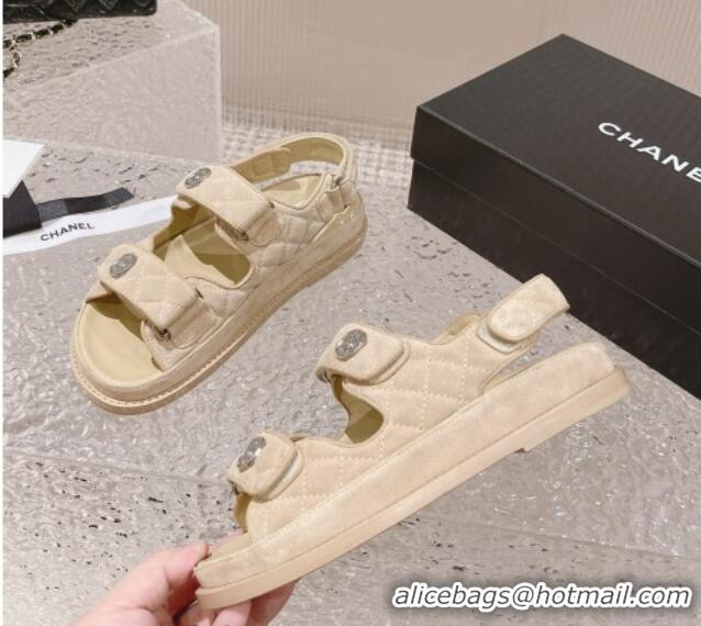 Famous Chanel Suede Strap Flat Sandals Beige 108057