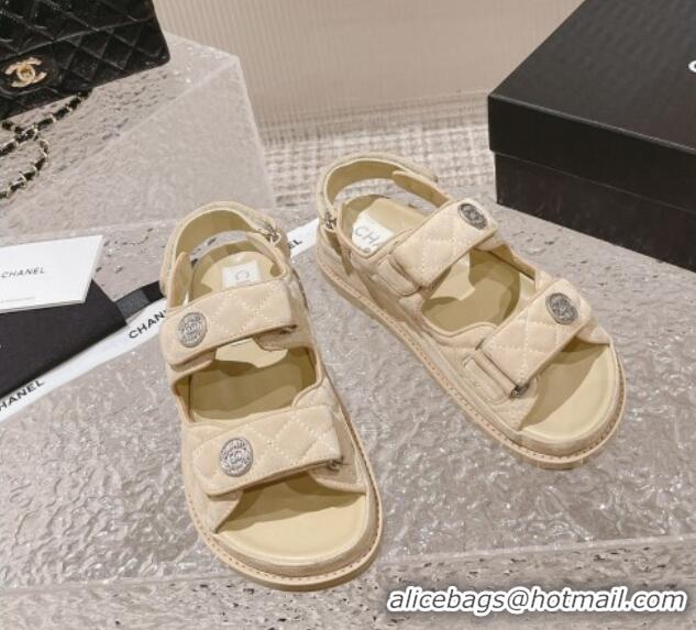 Famous Chanel Suede Strap Flat Sandals Beige 108057