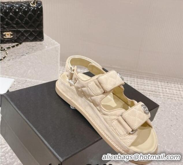 Famous Chanel Suede Strap Flat Sandals Beige 108057