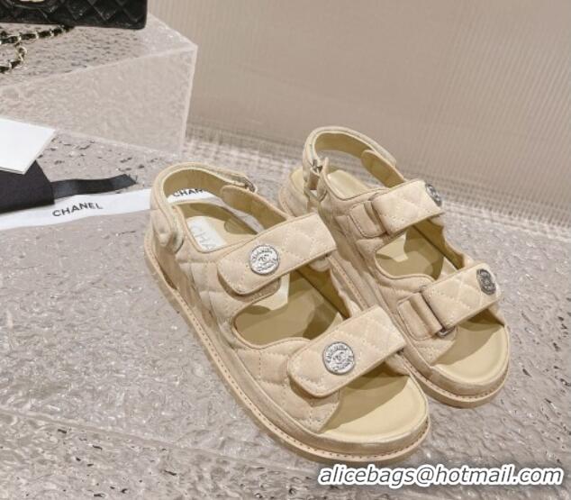 Famous Chanel Suede Strap Flat Sandals Beige 108057